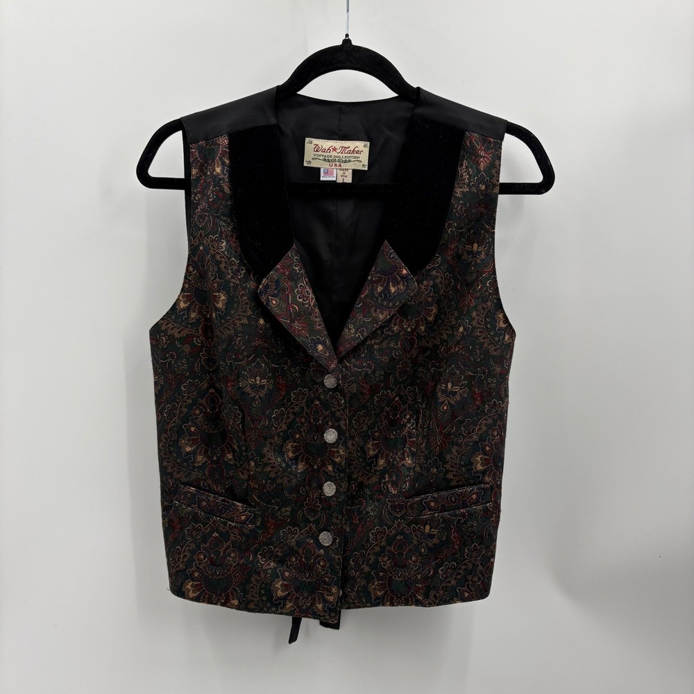 Wah Maker Vintage Collection Floral Tapestry Vest Women Large Western Velvet USA
