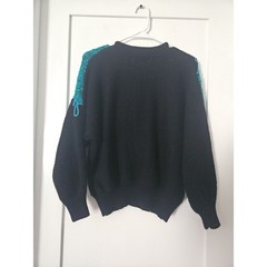 VTG Jaclyn Smith Knit Sweater L Black Teal Pink Abstract Beaded Butterfly 80s 90