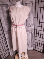 M VTG 80s Cream W/Belt Midi Sun Dress Linen OR Blend Sundress Elastic Waist