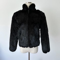 Vintage Black Genuine Rabbit Fur Grunge Goth Zipper Jacket