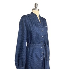 VTG 70s Schrader Sport Long Sleeve Navy & White Mini Polka Dot Half Button Dress