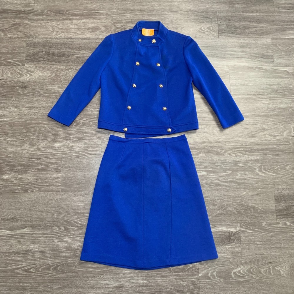 Vintage Gibi 60s 70s Blue Wool Skirt Suit Set Sz. 14 Italy