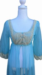 Vintage 1960s Blue Nylon Peignoir Robe With Chantilly Lace Juliette Style