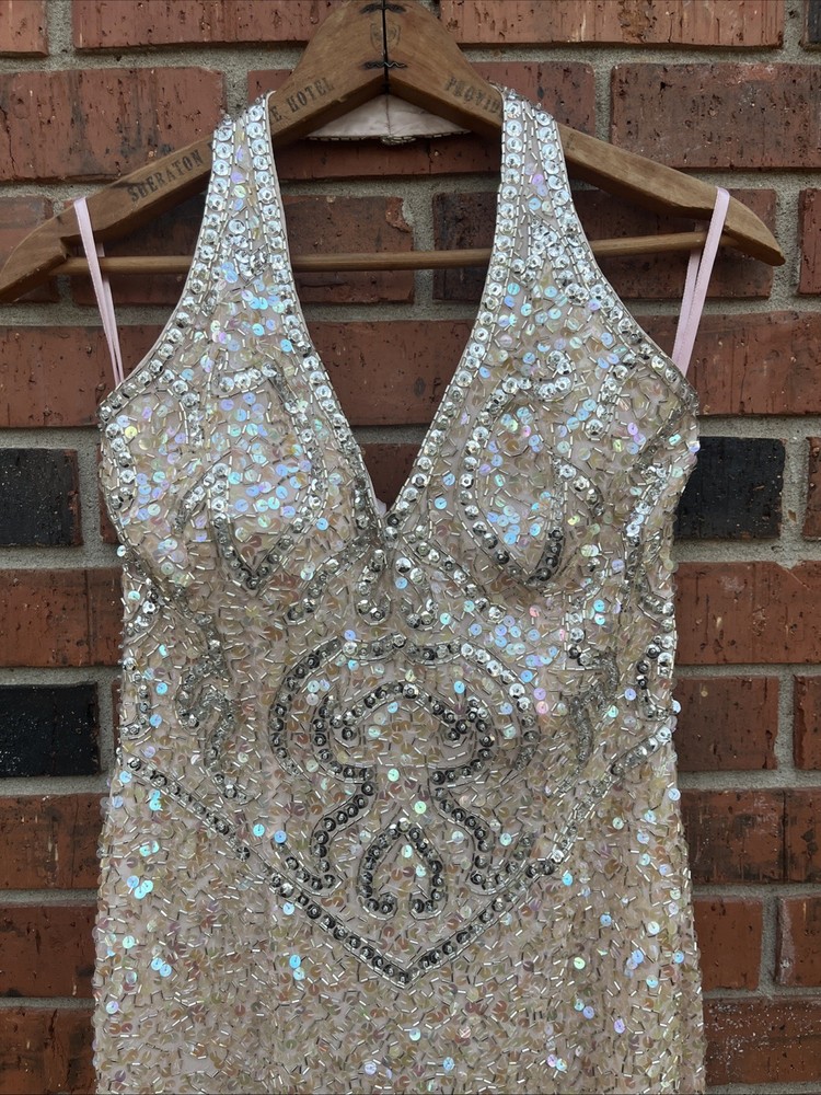 Vintage Cache 100% Silk XS 4 Beaded Halter Dress. Prom, Formal.