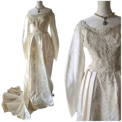 Vtg 80s 90s Lace Wedding Gown In Romantic 50s Style, Ivory, 4/S