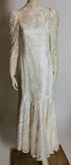 1990s Y2K Ivory Cream Satin Illusion Lace High Neck Boho Maxi Sheath Dress S