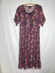 Vtg 90s Black Rose Floral Dress Nostalgia L Rayon Crinkle Crepe Goth Craft Boho