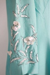 Vintage 50s 60s Turquoise Rhinestone Beaded Sequin Dress Size M Mid Century