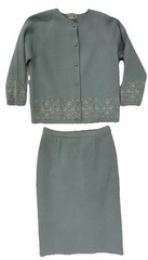 VTG Marshall Fields Skirt Suit Set Womens Large Powder Blue Wool Beaded Pearls