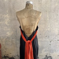Vintage 1930s Black Silk Satin Dress Orange Silk Velvet Bow Wrap Lace Trim Bias