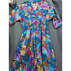 VTG Caliche 80s Abstract Floral Midi Dress Teal Purple Button Front Women 16P