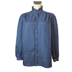 Vintage MS Bond Judy Blue White Polka Dot Long Sleeve Blouse Size 40 2X Career