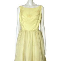 Vintage 50s Pastel Yellow Prom Dress Ball Gown XS Formal Cupcake Flaws 24″ Waist