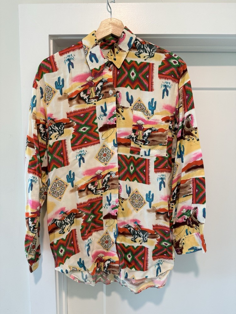 Vintage 80s Novelty Print Western Cowboy Southwest Rodeo Button Up Shirt