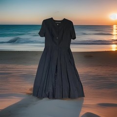 VTG 1950s Black Cotton Slub Day Dress Handmade Pleated Button Up Fit & Flare NOS