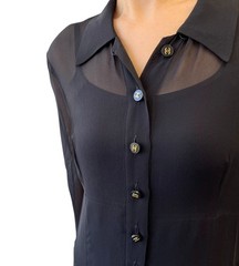 CHANEL Vintage 94A CC Logo See-through One-piece #38 Black Gold Wool Button
