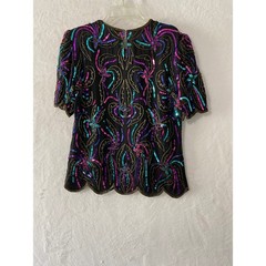 Vtg Scala Vintage Silk Beaded Sequin Blouse Black Teal Floral Scalloped PM