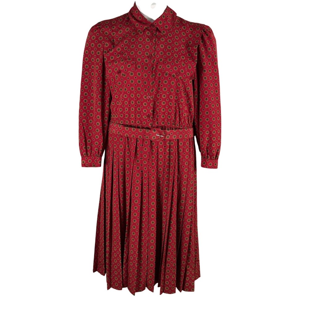 Appleseeds Vintage Red Medallion Print Pleated Midi Shirt Dress 12P Belted