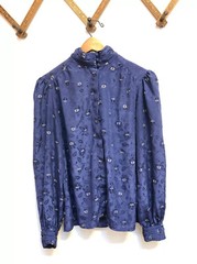 Vintage 1970s Alexandria Secretary Blouse Blue Button Down High Neck Long Sleeve
