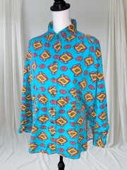 Vintage Venezia 1980s Turquoise Western Long Sleeve Cotton Shirt 22/24 Plus