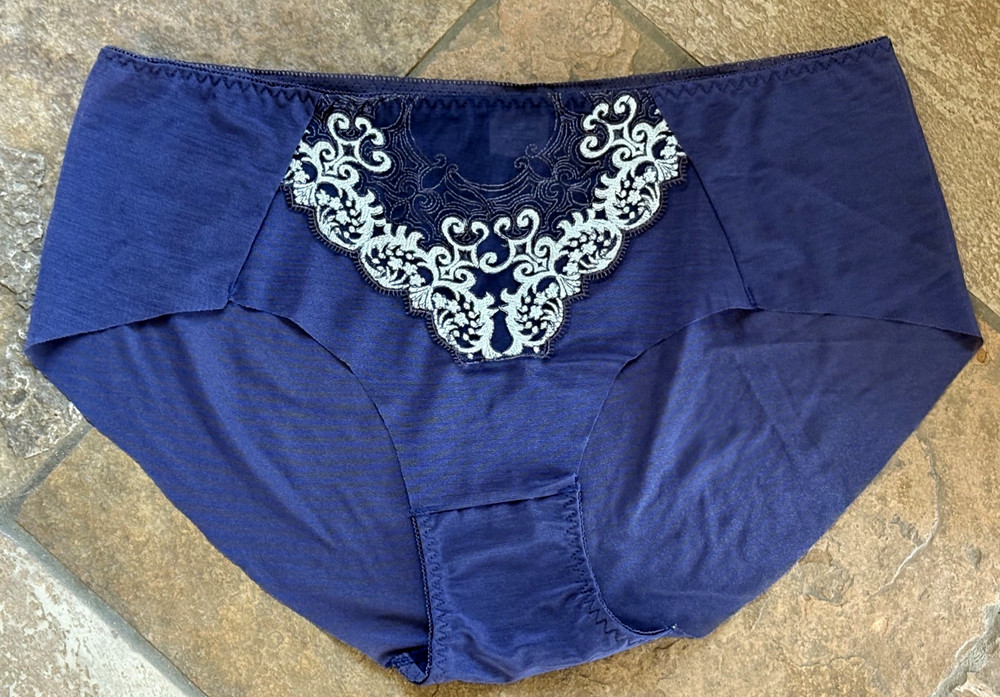 Sheer 9/2XL Navy Blue Embroidered Front Hipster Brief Panties NEW NWOT