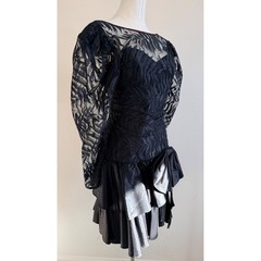 Contempo Casuals Vintage 80s Black Lace Taffeta Bow Dress Sz S Goth Whimsigoth