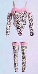 Sexy Pink Leopard Thong Back Teddy Faux Fur Trim 5pc Lingerie Set XL NEW