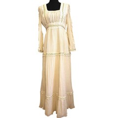 1970s Gauzy Tiered Off-white Maxi Maiden Dress Boho lace trim vintage