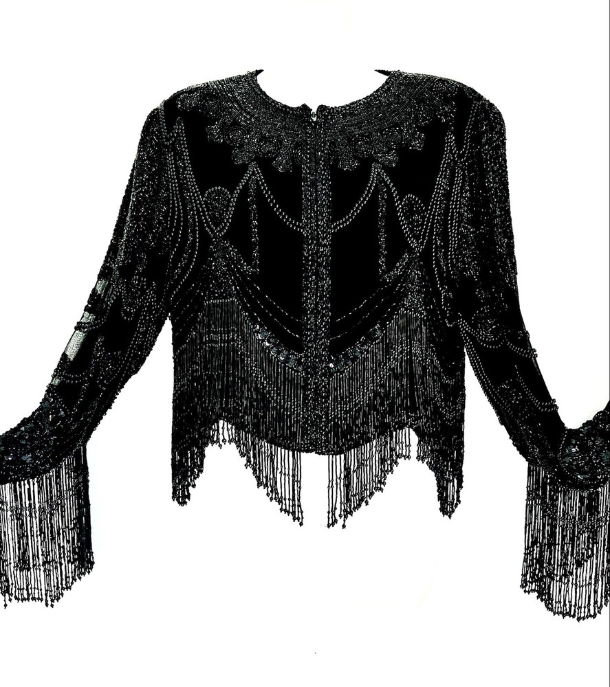 VINTAGE*BLACK BEADED/SEQUIN~FRINGE~ZIPPERED~FORMAL~DRAG~ PROM JACKET~SZ MED/LRG