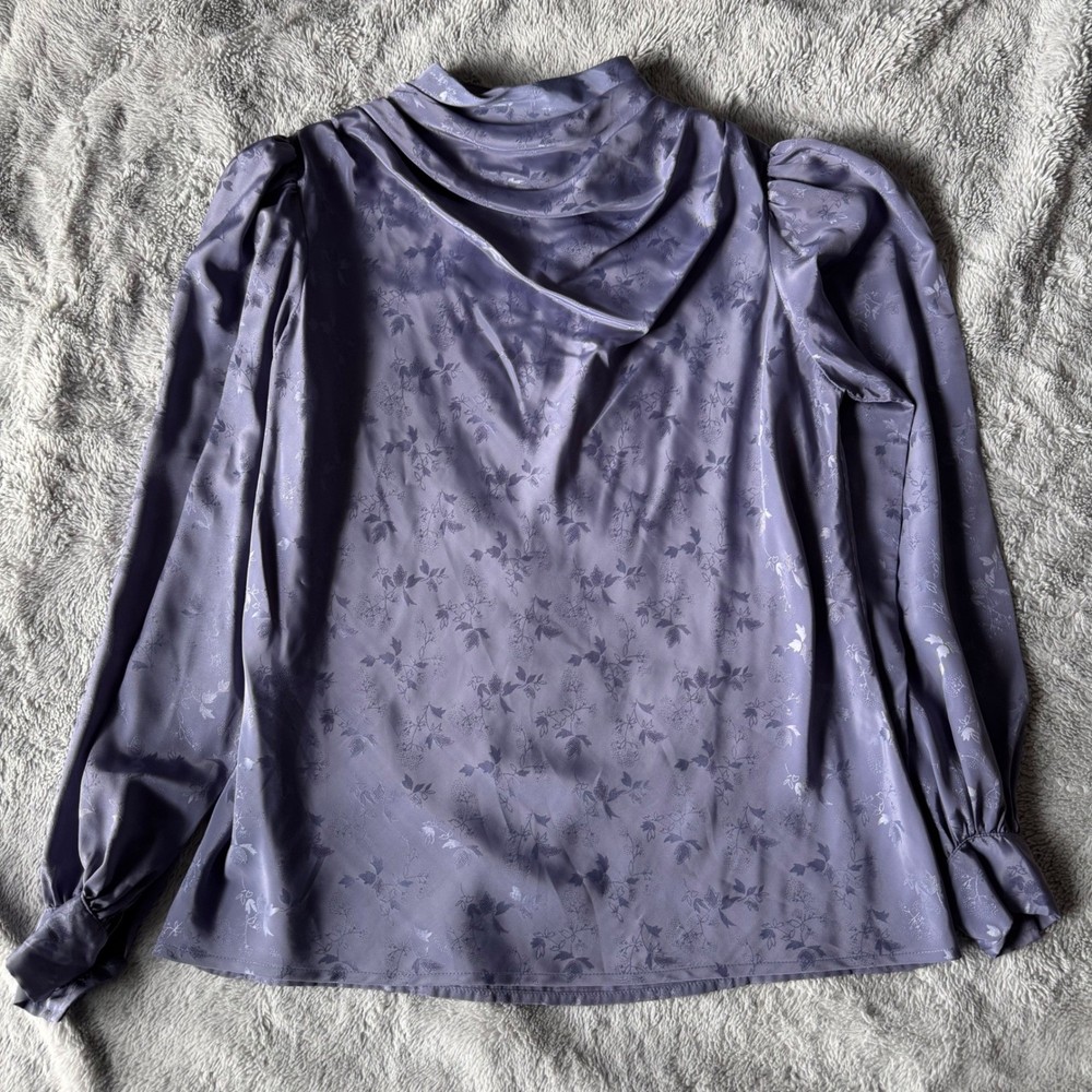 Vintage Alexandria Purple Satin Floral Jacquard Mock Neck Puff Sleeve Blouse 10
