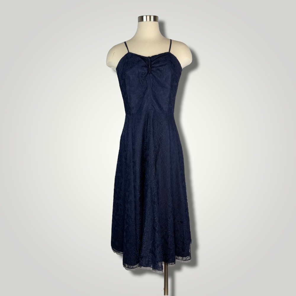 Vintage 1950s Party Dress A Norman Original Med Navy Blue Sleeveless Lace b110