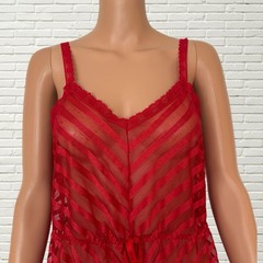 Vintage 70s Step In Lingerie Romper – Red Mesh Striped Lace Trim S