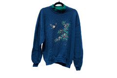 Vintage Dark Blue Winter Theme Sweater Features Chickadees Sweater Size L