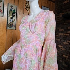 Vtg 70s Angel Sleeve Hippie Goddess Pink Sheer Voile Hostess Maxi Dress Gown S