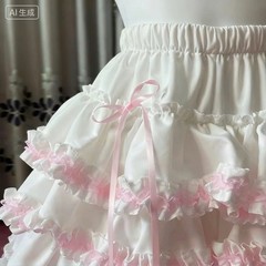 White Pink Ruffled Petticoat Skirt with Ribbon, Elastic Waist, Matching Bloomers