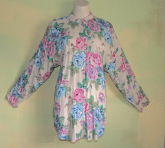 Rose Print Rayon Long Sleeve Blouse Vintage Paris Sport Club Blue & Pink