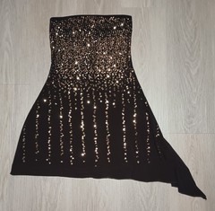 Vtg 90s Stretch Brown Sparkly Copper Sequin Strapless Asymmetric Tunic Top XS