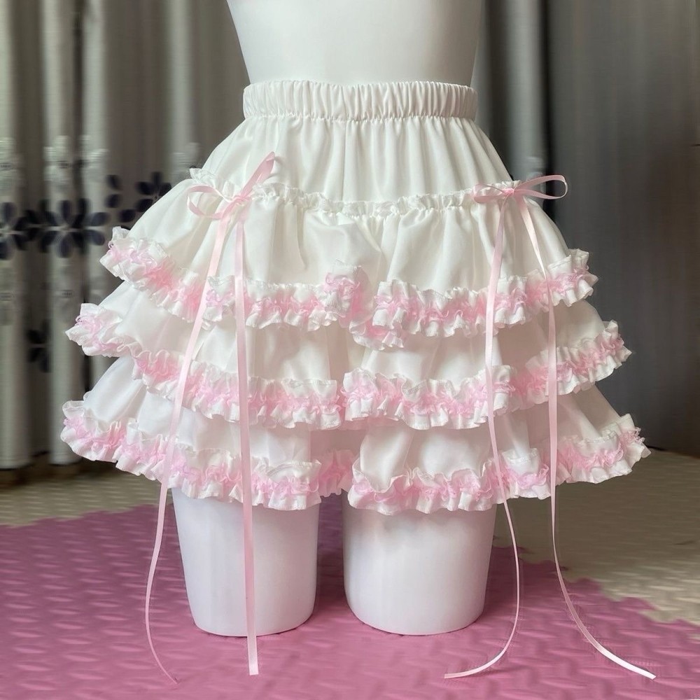 White Pink Ruffled Petticoat Skirt with Ribbon, Elastic Waist, Matching Bloomers