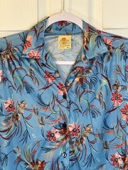 Vtg Shirley Of Atlanta 70s Blouse Sz M Retro Blue Floral Long Sleeve Go Go Top