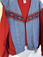 Jerzees Womens Red Denim Tribal Jacket Open Front Reworked 90s 3XL Handmade Vtg