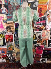 Vtg 70s Green Pastel Floral Lace V-Neck Puff Sleeve Top Pants Suit Set PXS Retro