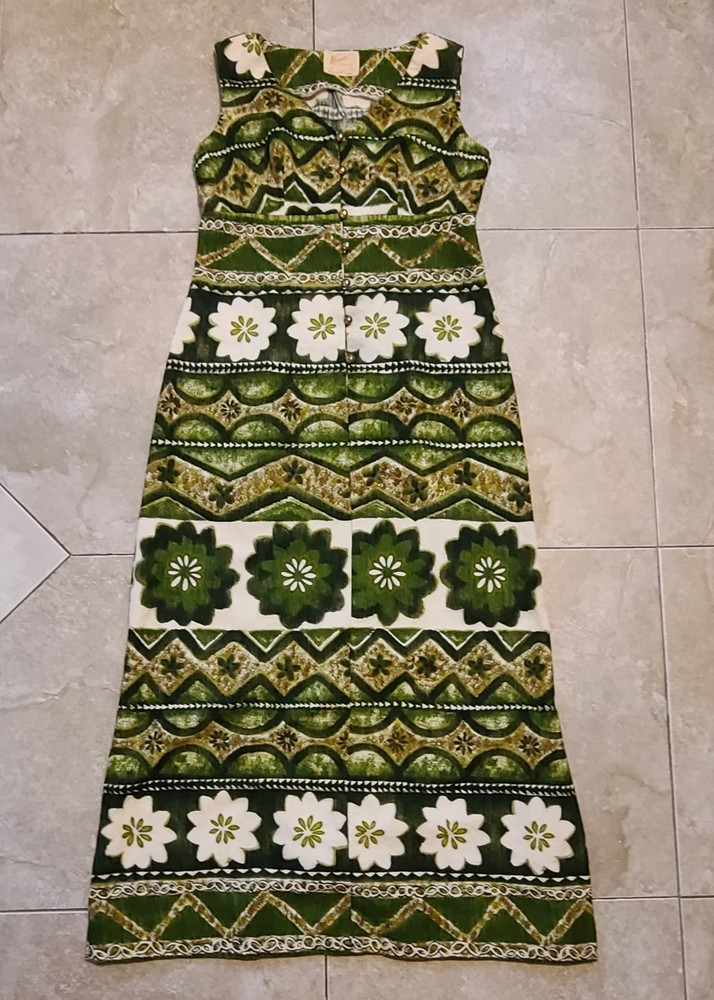 Vintage 70s Keone Hawaiian Barkcloth Midi Dress Green Floral Tiki Button Front