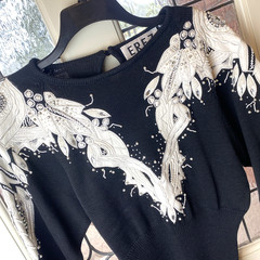 Vtg Erez Womens Blk/White Sweater Holiday Old Money Leather & Snake Skin sz S