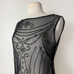 VTG Black Beaded Mesh Overlay Top Whimsigoth Sheer Sleeveless Goth Glam Medium
