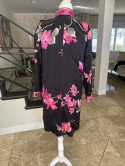 Leonard Of Paris Black Satin Pink Orchids Knee Length Tunic Coat Frog Closure 42
