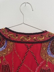Laurence Kazar 100% Silk Red Beaded Jacket Top Tassel Cord Size S Vntg 90s Glam