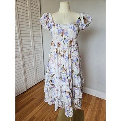 Anthropologie White Lavender Floral Puff Sleeve Tiered Midi Dress S Cottagecore