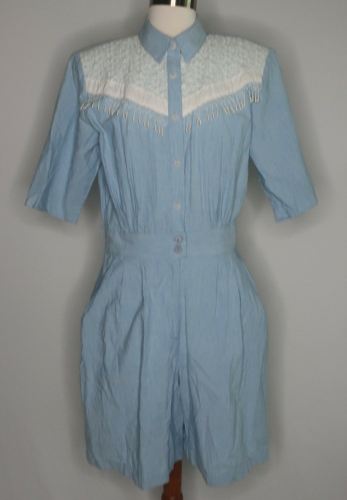 VTG 80’s d Frank Country Retro Washed Denim Fringed Beaded Romper USA Made Sz 10