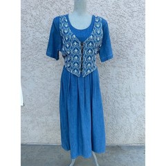 Vintage 90s Chambray Denim Cotton Prairie Dress with Vest and Tie Back – Size 16