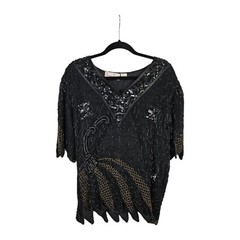 Laurence Kazar Silk Sequin Top Blouse Gold Beaded Size Large Formal 80’s